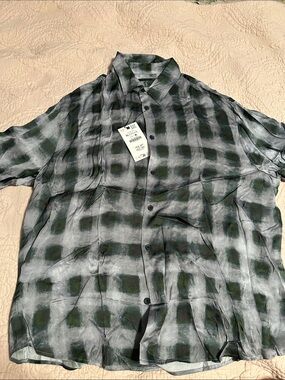 Zara Men's Green and Gray Plaid Button-Down Shirt